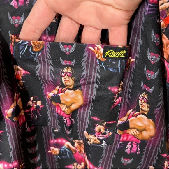 NWT WWE x RSVLTS Allover The Hitman Bret Hart Black Short Sleeve Button Down 4XL - Picture 3 of 9